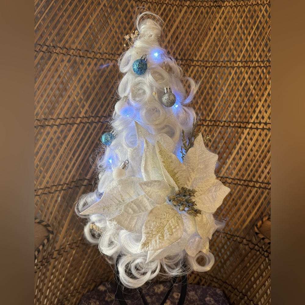 White Christmas Tree Wig with Ornaments and Lights